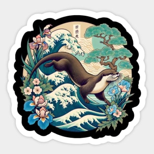 Aquatic Animal Vintage Ocean Wave Art Floral Japanese Otter Sticker